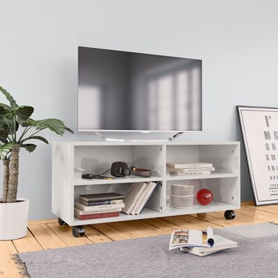 vidaXL Meuble TV avec roulettes Blanc brillant 90x35x35 cm Aggloméré