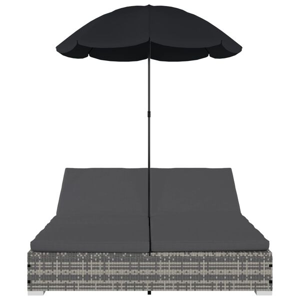vidaXL Chaise longue d'ext&eacute;rieur avec parasol R&eacute;sine tress&eacute;e Gris