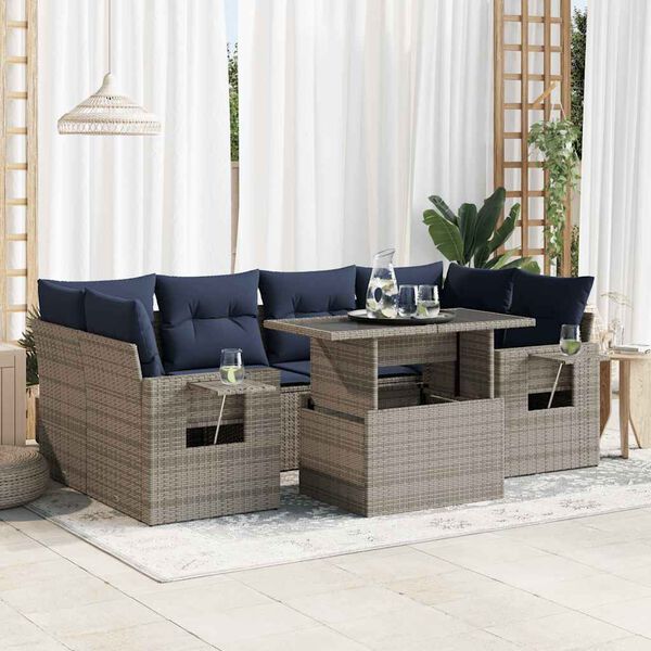 vidaXL Salon de jardin avec coussins 7 pcs gris résine tressée