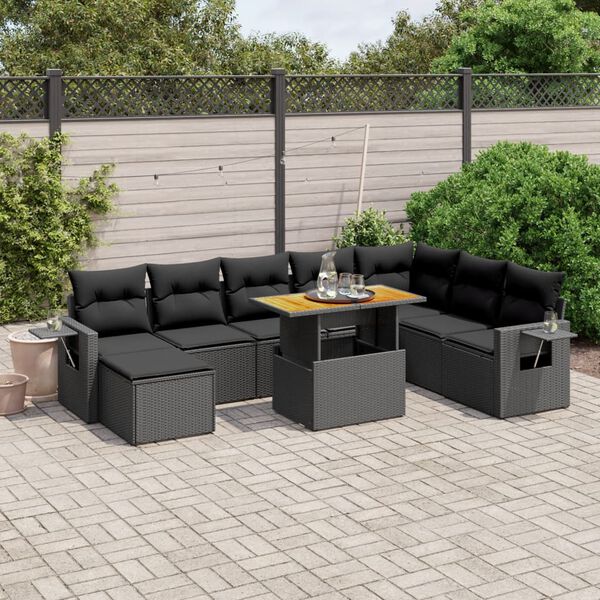 vidaXL Salon de jardin 9 pcs avec coussins noir r&eacute;sine tress&eacute;e