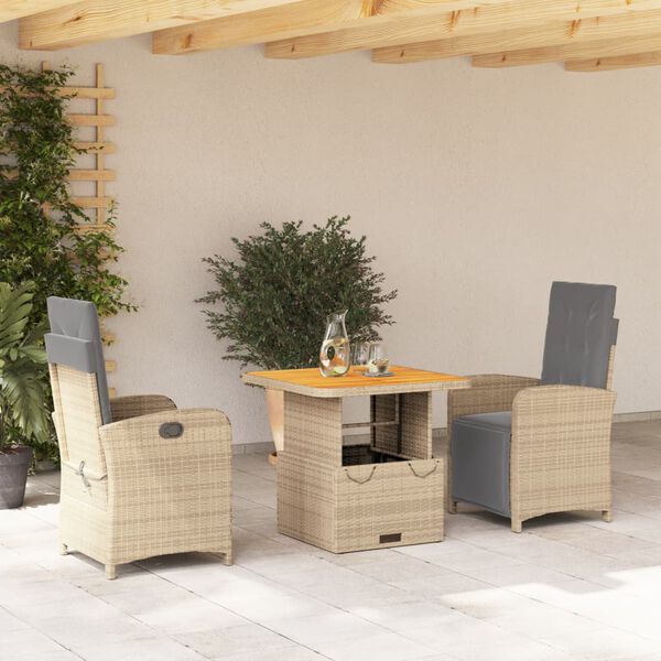 vidaXL Ensemble &agrave; manger de jardin et coussins 3 pcs Beige poly rotin