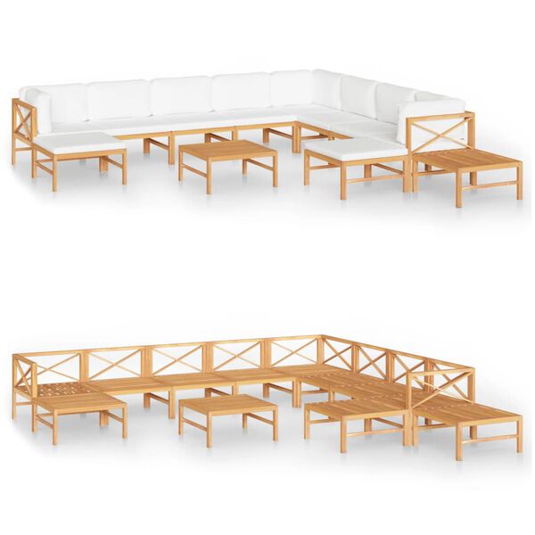 vidaXL Salon de jardin 12 pcs avec coussins cr&egrave;me bois de teck solide