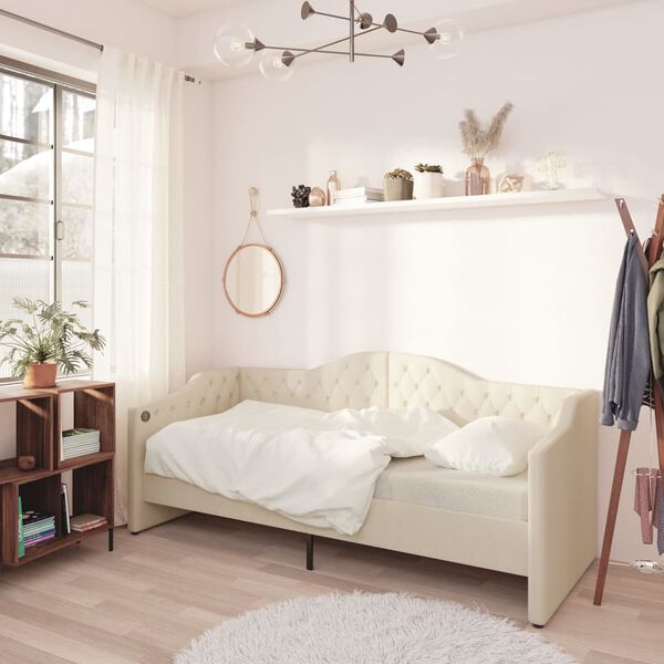 vidaXL Lit avec matelas et &eacute;clairage USB Cr&egrave;me Tissu 90x200 cm