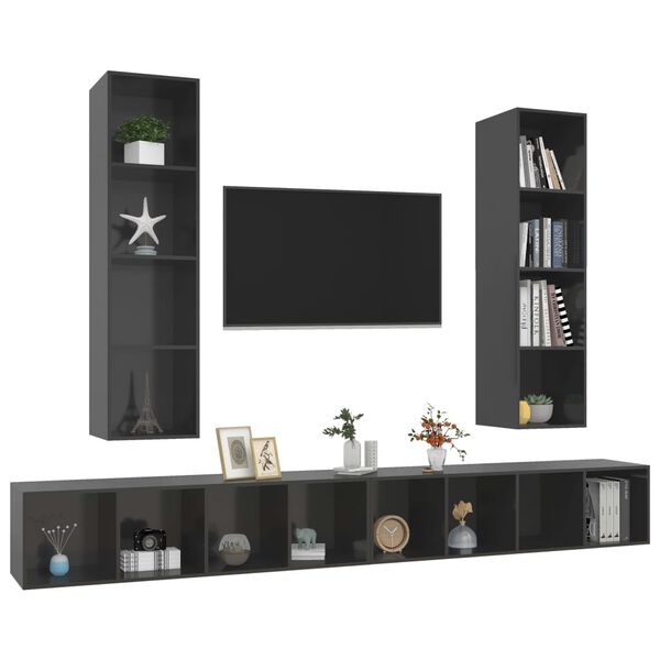 vidaXL Meubles TV muraux 4 pcs Gris brillant Bois d'ing&eacute;nierie