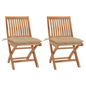 vidaXL Chaises pliantes (lot de 2) avec coussins beiges, en teck massif