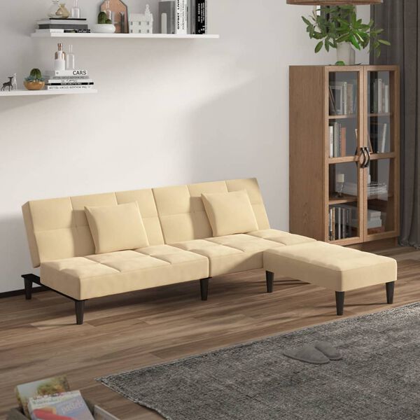 vidaXL Canap&eacute;-lit 2 places et deux oreillers repose-pied Cr&egrave;me Velours