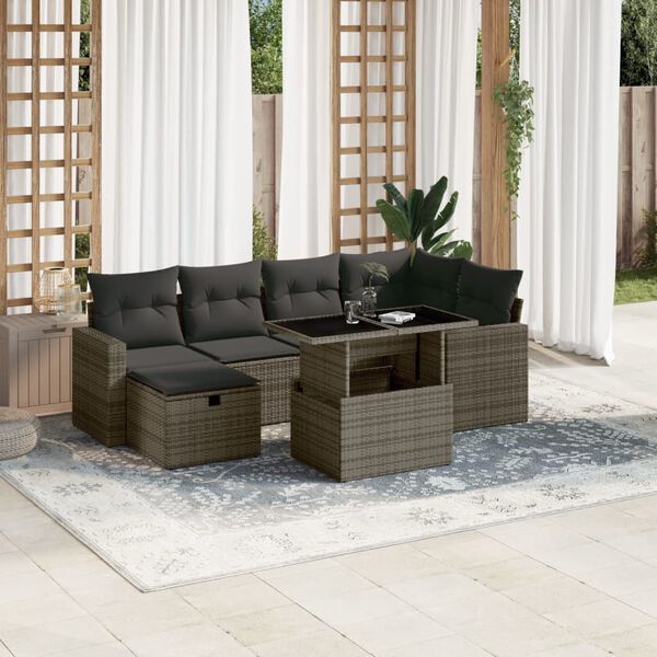vidaXL Salon de jardin avec coussins 7 pcs gris r&eacute;sine tress&eacute;e