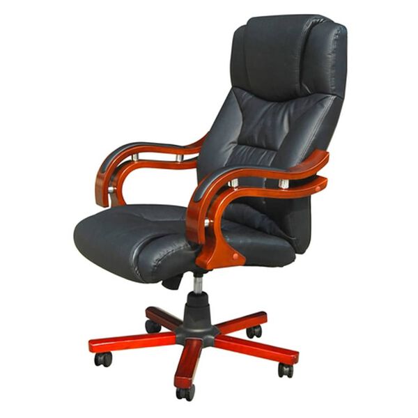 Fauteuil cuir m&eacute;lang&eacute; noir et &eacute;l&eacute;ments bois