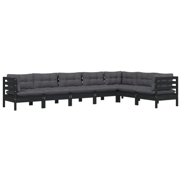 vidaXL Salon de jardin 7 pcs avec coussins Noir Bois de pin massif
