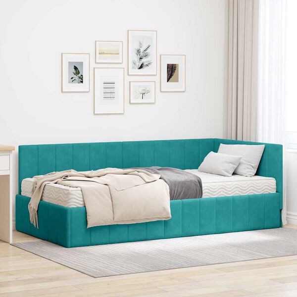 vidaXL Cadre de lit d'angle avec matelas 2 pcs Turquoise Velours