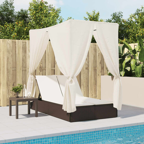 vidaXL Chaise longue double avec toit et rideaux marron r&eacute;sine tress&eacute;e