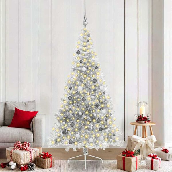 vidaXL Sapin de No&euml;l artificiel pr&eacute;-&eacute;clair&eacute; Argent 210 cm PET