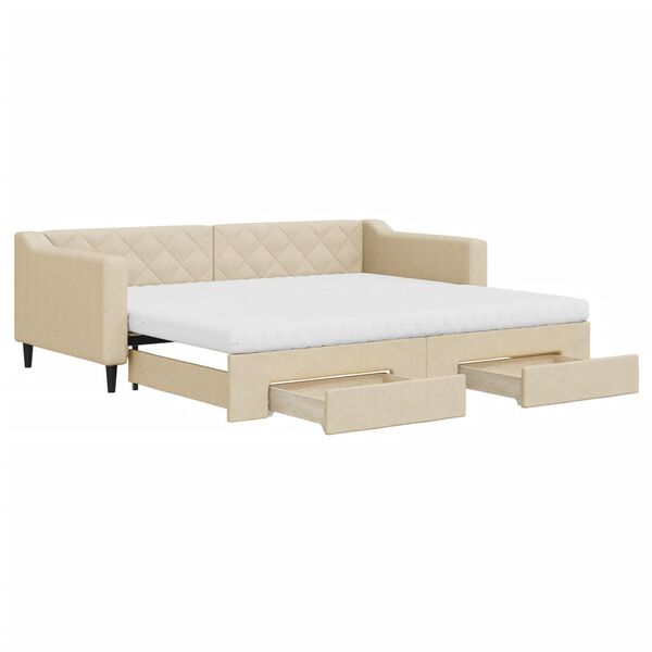 vidaXL Lit de jour avec gigogne et tiroirs cr&egrave;me 90x200 cm tissu