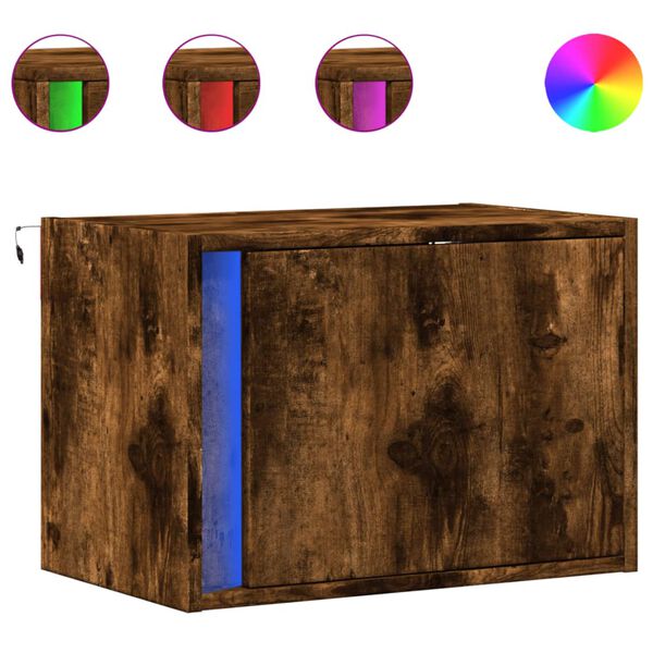 vidaXL Table de chevet murale avec lumi&egrave;res LED ch&ecirc;ne fum&eacute;