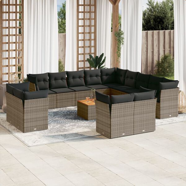 vidaXL Salon de jardin avec coussins 14 pcs gris r&eacute;sine tress&eacute;e