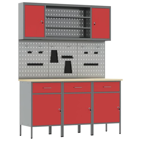 vidaXL Placard de travail 7 pcs Rouge Bois d'ing&eacute;nierie et acier