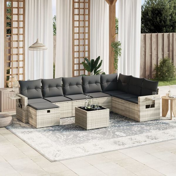 vidaXL Salon de jardin 9 pcs avec coussins gris clair r&eacute;sine tress&eacute;e