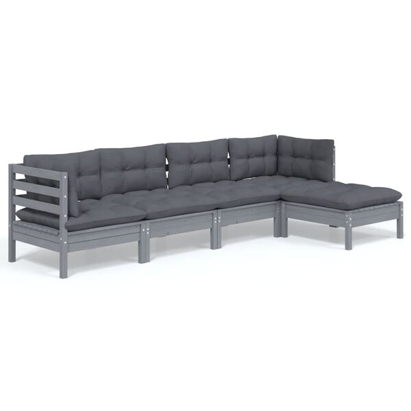 vidaXL Salon de jardin 5 pcs avec coussins Gris Bois de pin