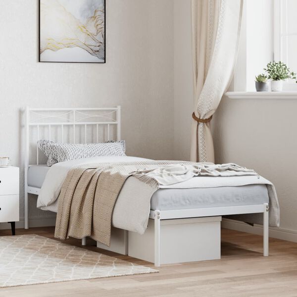 vidaXL Cadre de lit m&eacute;tal sans matelas avec t&ecirc;te de lit blanc 75x190cm