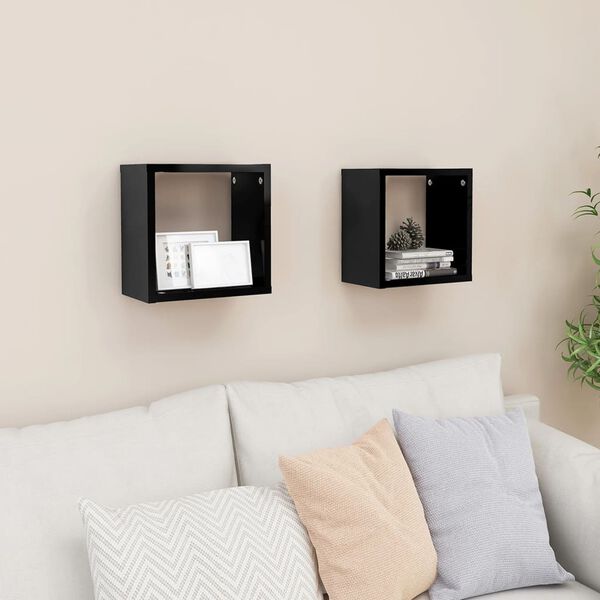 vidaXL Étagères cube murales 2 pcs noir brillant 26x15x26 cm