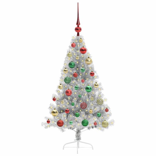 vidaXL Sapin de No&euml;l artificiel pr&eacute;-&eacute;clair&eacute; Argent 120 cm PET