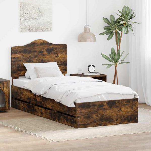 vidaXL Cadre de lit avec tiroir Ch&ecirc;ne fum&eacute; 75 x 190 cm Bois Ing&eacute;nierie