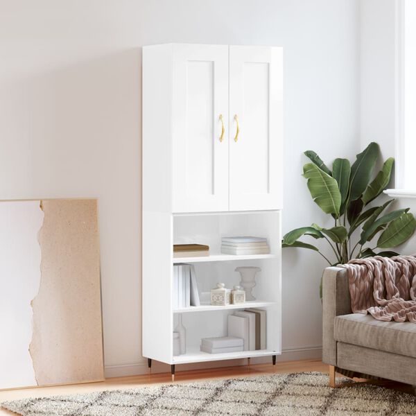 vidaXL Buffet haut Blanc brillant 69,5x34x180 cm Bois d'ing&eacute;nierie
