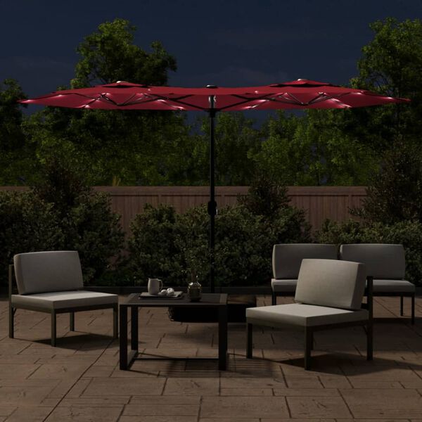 vidaXL Parasol de jardin &agrave; double t&ecirc;te avec LED rouge bordeaux