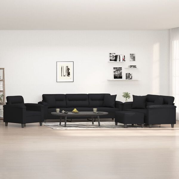 vidaXL Ensemble de canap&eacute;s 4 pcs avec coussins Noir Tissu microfibre