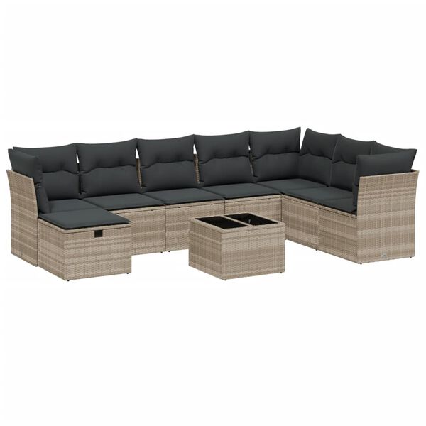 vidaXL Salon de jardin 9 pcs avec coussins gris clair r&eacute;sine tress&eacute;e