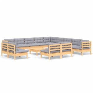 vidaXL Salon de jardin 14 pcs avec coussins gris Bois de pin solide