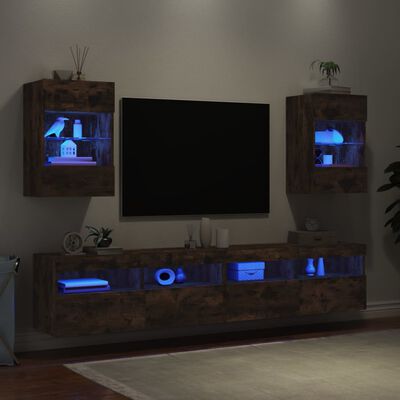 vidaXL Meubles TV muraux et lumières LED 2pcs chêne fumé 40x30x60,5 cm
