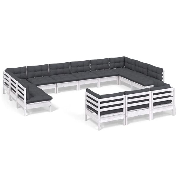 vidaXL Salon de jardin 13 pcs avec coussins blanc bois de pin