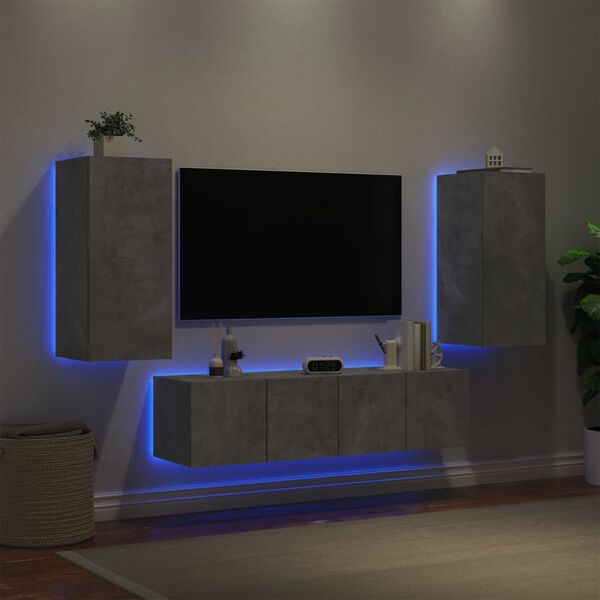 vidaXL Unit&eacute;s murales TV avec LED 4 pcs gris b&eacute;ton bois d'ing&eacute;nierie