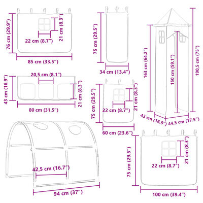 vidaXL Lit superposé sans matelas avec toboggan et rideaux 80x200 cm