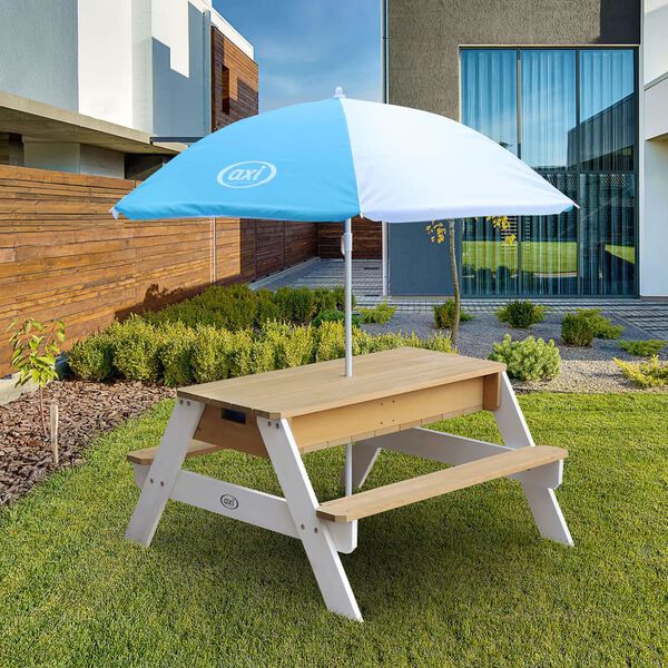 AXI Table de pique-nique &agrave; sable et eau et parasol Marron et blanc
