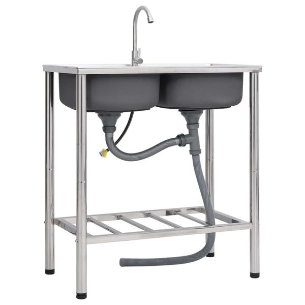 vidaXL &Eacute;vier de camping Double lavabo avec robinet Acier inoxydable