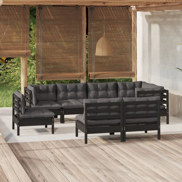 vidaXL Salon de jardin 8 pcs avec coussins Noir Bois de pin massif