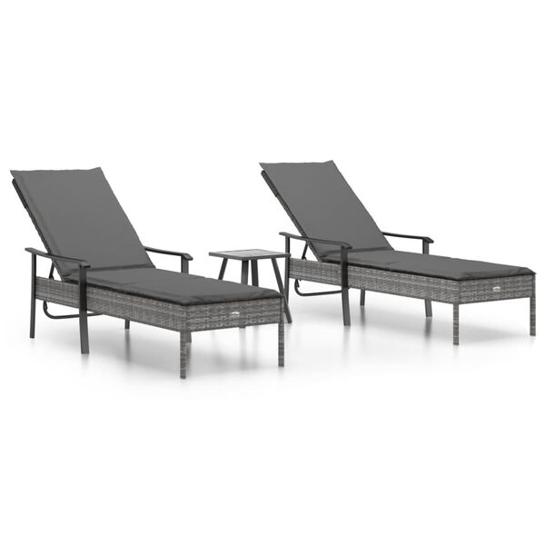 vidaXL Chaises longues lot de 2 avec table et coussins gris poly rotin