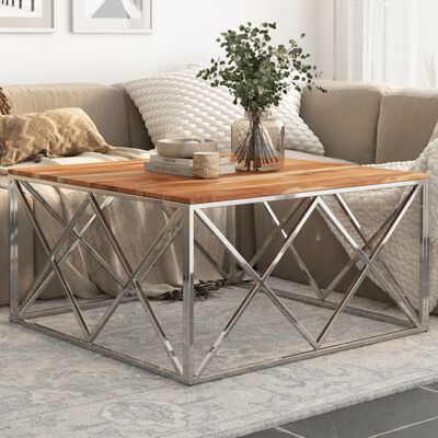 vidaXL Table basse argenté acier inoxydable et bois massif d'acacia