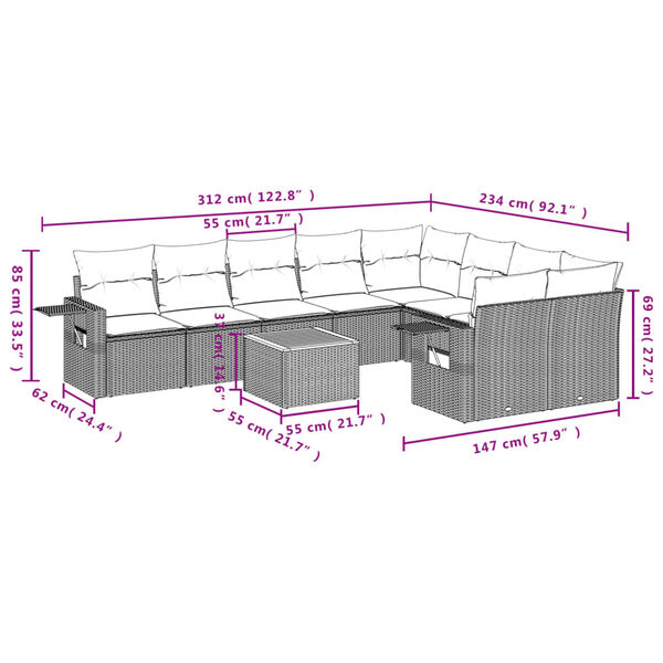 vidaXL Salon de jardin avec coussins 10 pcs gris r&eacute;sine tress&eacute;e