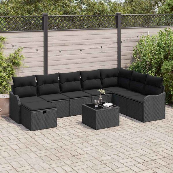 vidaXL Ensemble de canap&eacute; de jardin avec coussin 9 pcs Noir Poly rotin