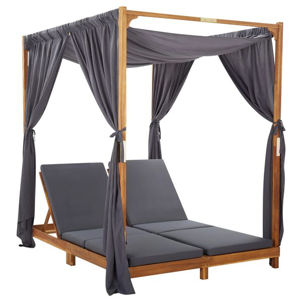 vidaXL Chaise longue double avec rideaux et coussins Bois d'acacia