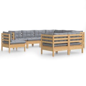 vidaXL Salon de jardin 9 pcs avec coussins gris bois de pin massif