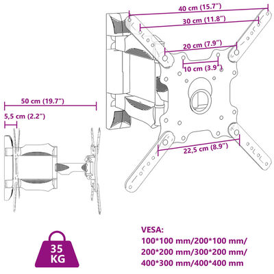 vidaXL Support TV mural pour écran 32-55 pouces max VESA 400x400 mm