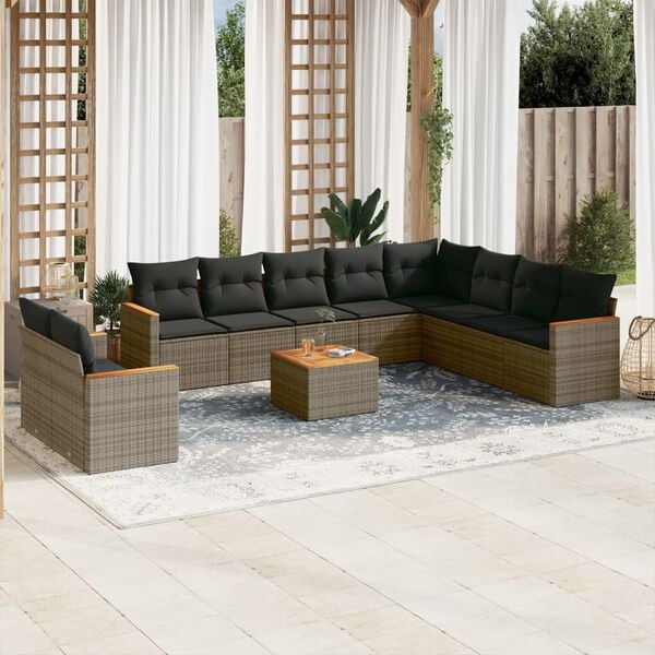 vidaXL Salon de jardin 11 pcs avec coussins gris r&eacute;sine tress&eacute;e