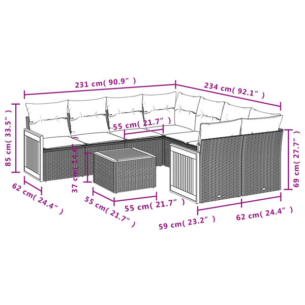 vidaXL Salon de jardin avec coussins 9 pcs beige r&eacute;sine tress&eacute;e