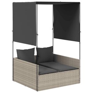 vidaXL Chaise longue double avec toit et rideaux gris clair poly rotin