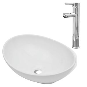 vidaXL Lavabo de salle de bain avec mitigeur C&eacute;ramique Ovale Blanc