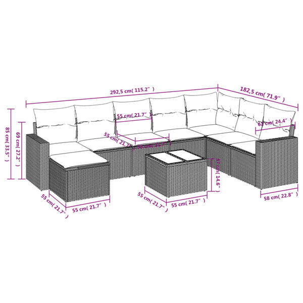 vidaXL Salon de jardin avec coussins 9 pcs marron r&eacute;sine tress&eacute;e